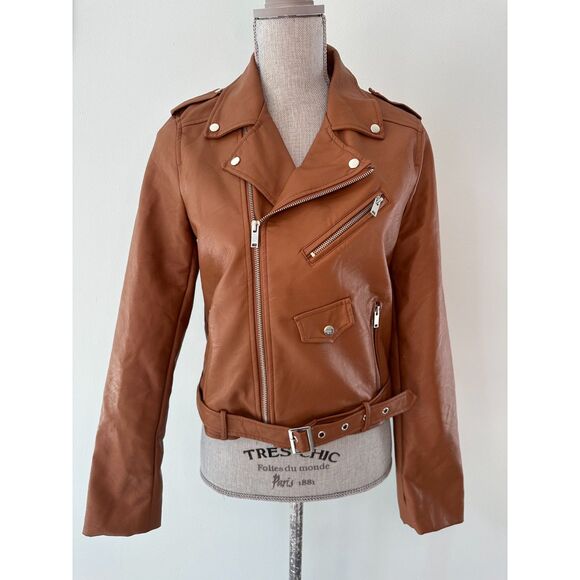Love Tree Caramel Brown Vegan Leather Moto Biker Jacket size Large - Picture 1 of 9